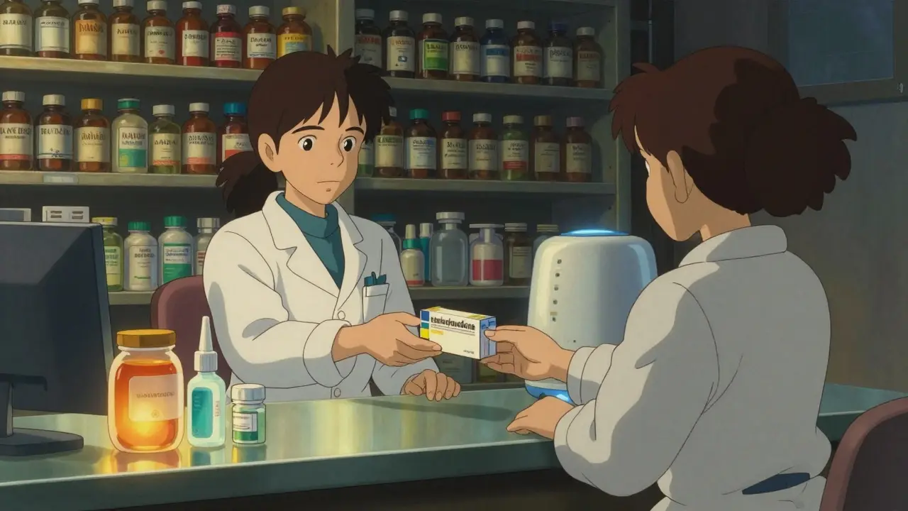 An adult receives pseudoephedrine from a pharmacist at a counter, while natural remedies glow on a sunlit shelf.
