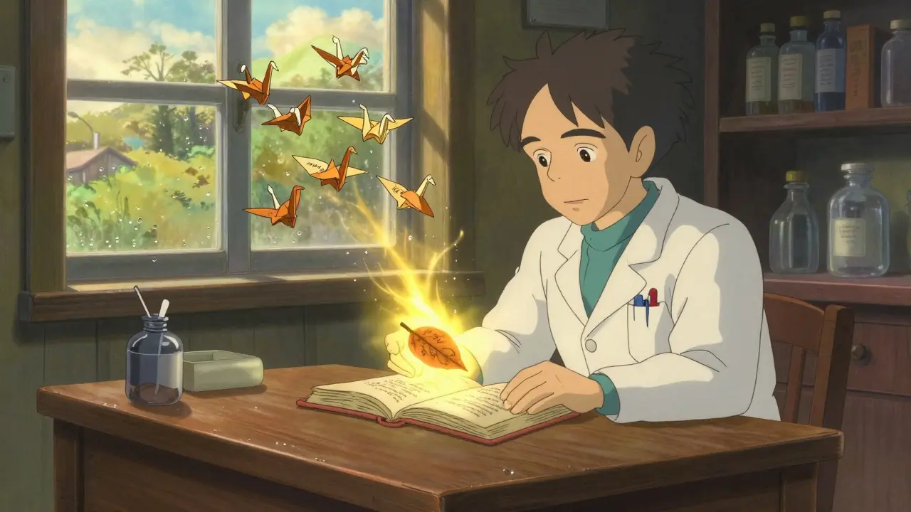 An elderly doctor and pharmacist review a glowing Orange Book as paper cranes made of drug names float into the morning light.
