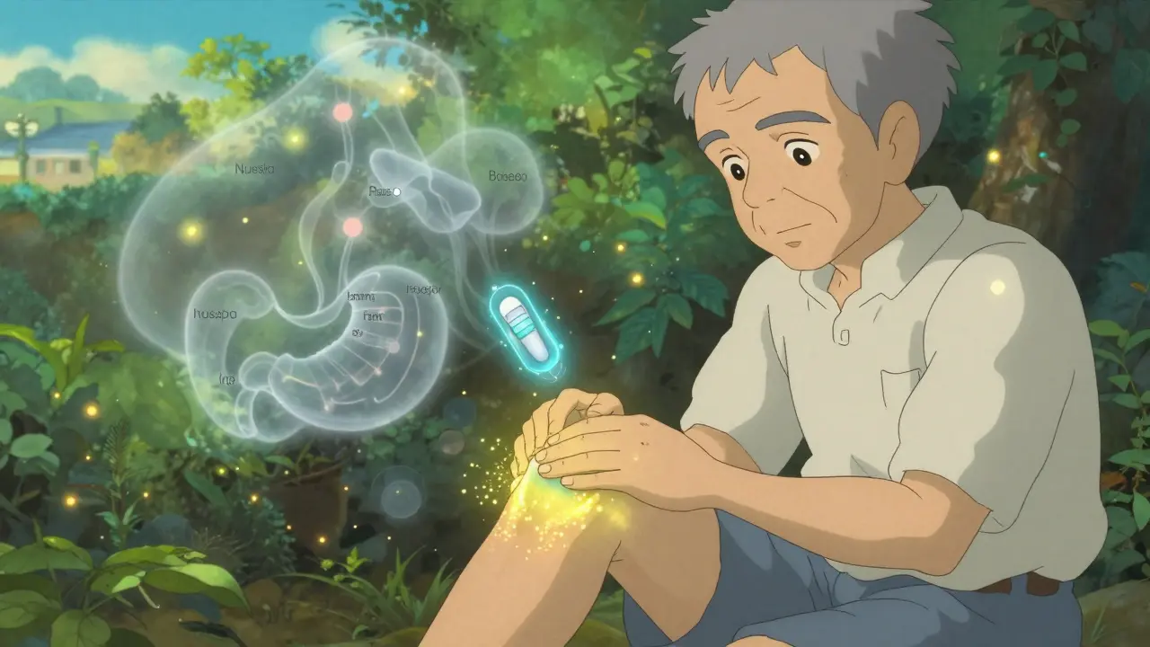 An elderly man applying cream to his knee as localized healing glows, while systemic side effects fade away.