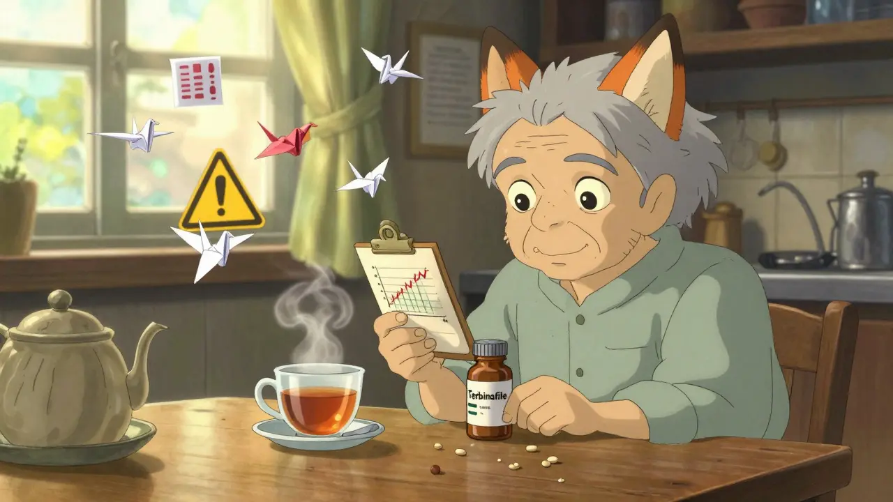 An elderly person sits with a fox spirit reviewing liver test data, steam rising from tea in a warm kitchen.