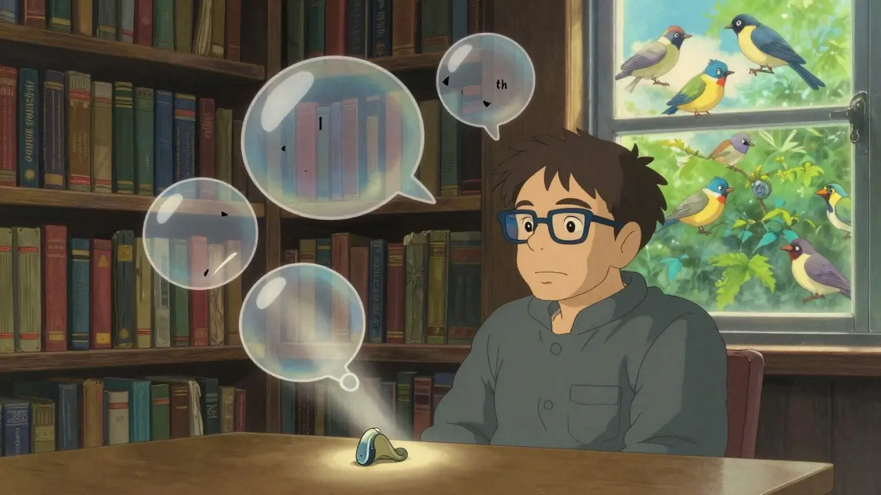 An older man sits alone in a bookstore, fragmented speech bubbles floating above him, symbolizing difficulty hearing consonants.