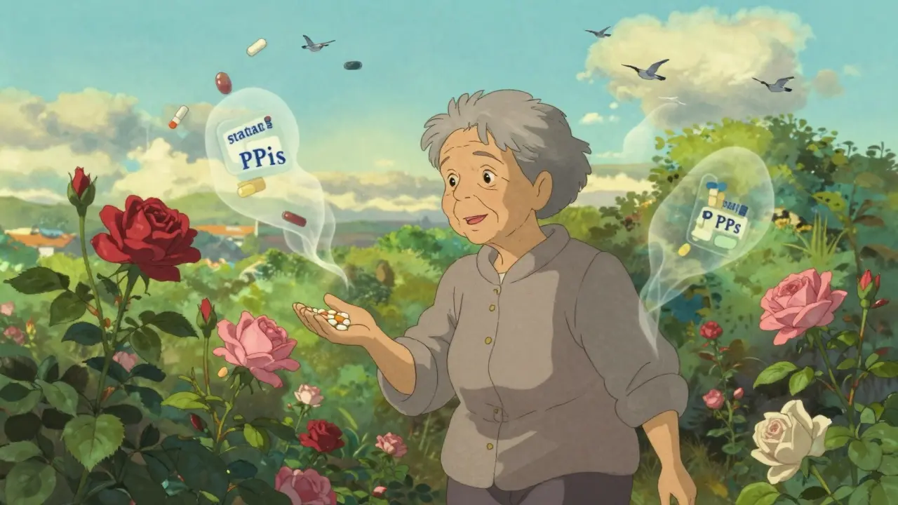 An older woman walking in a garden, free of medications, as ghostly pills dissolve into birds.