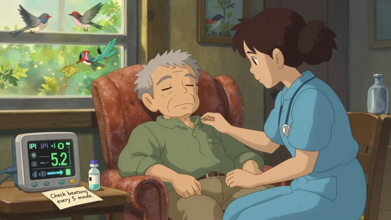 Caregiver beside sleeping elderly man at home with portable monitor showing low IPI score and naloxone on table.