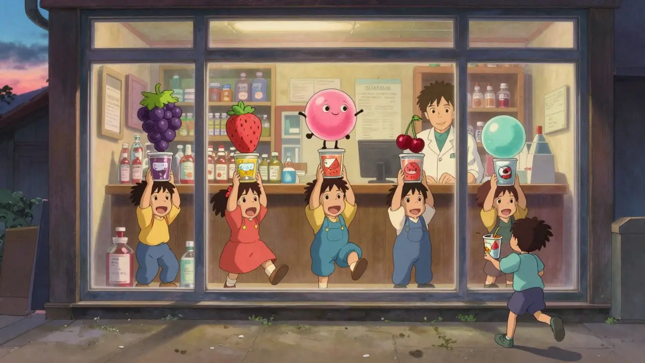 Children hold colorful flavored medicine cups with whimsical flavor creatures dancing above them in a vibrant pharmacy display.