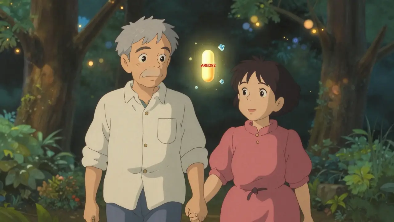 Couple walking in park with glowing AREDS2 capsule as a protective charm between them.