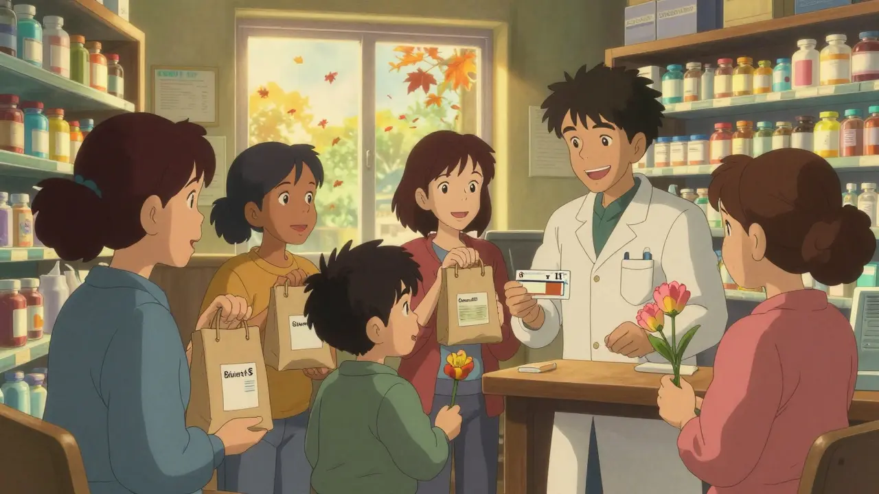 Diverse patients smile in a cozy pharmacy, holding affordable prescriptions as a pharmacist offers a flower.
