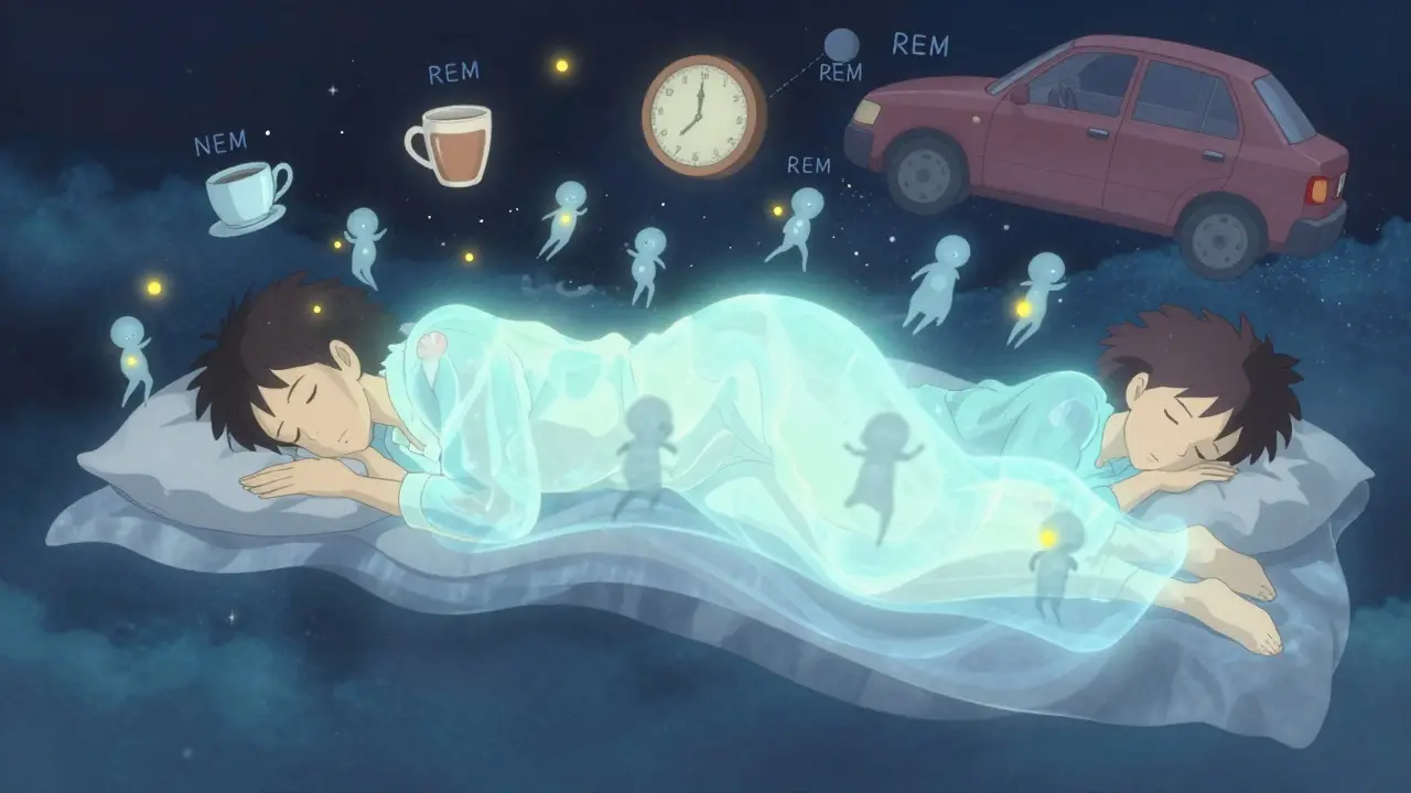 Dreamlike floating scenes inside a sleeping mind, with starry skies and gentle spirits representing sleep patterns and disruptions.