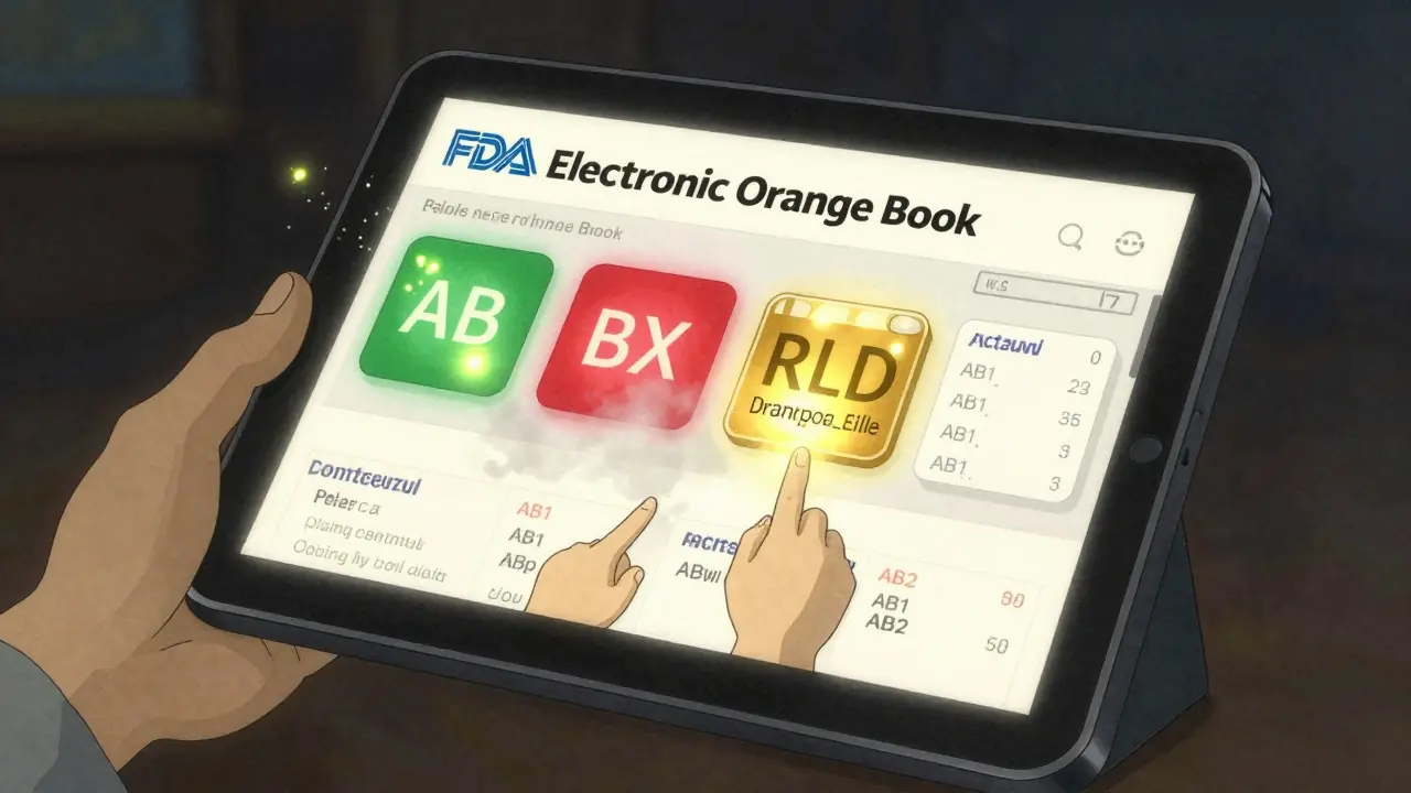 Floating digital tablet showing FDA Orange Book codes AB, BX, and RLD with glowing animated icons in Studio Ghibli aesthetic.