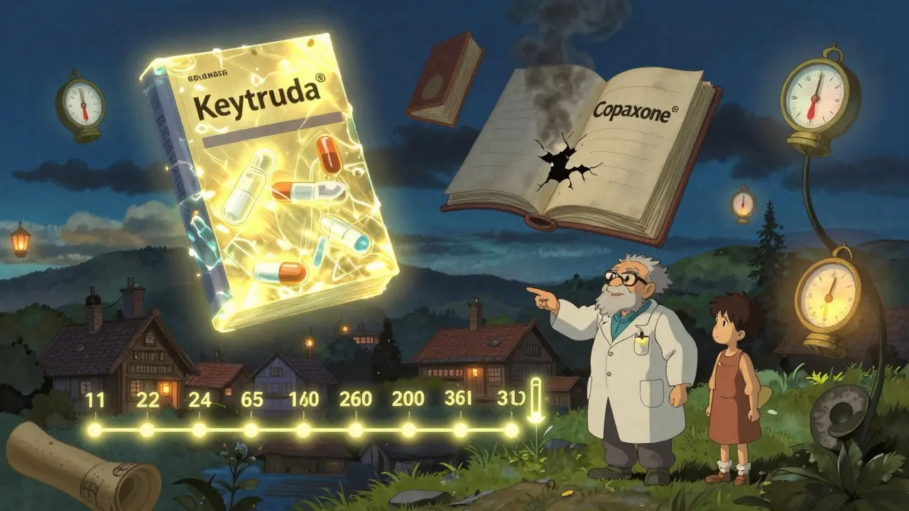 Floating drug molecules in a magical library, one cracking as an engineer guides a student along a timeline of stability.