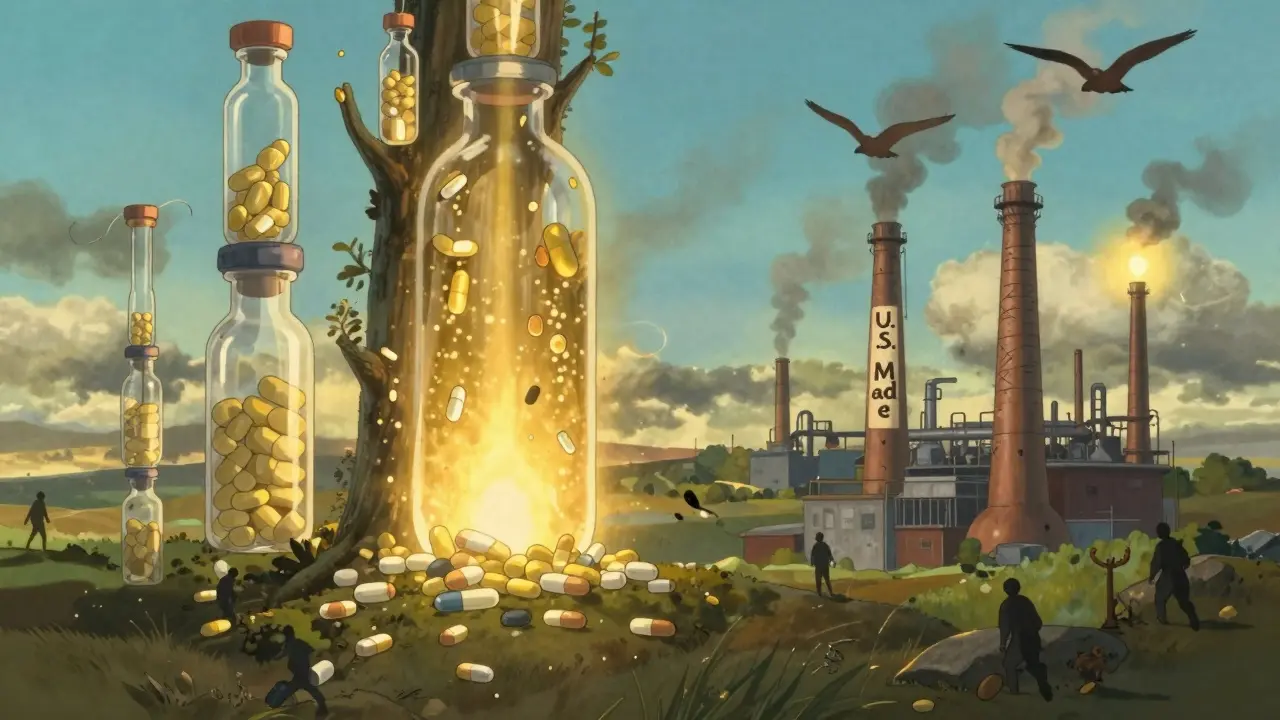 Floating drug patents dissolve into golden light as U.S.-made factory chimneys emit bird-shaped smoke.