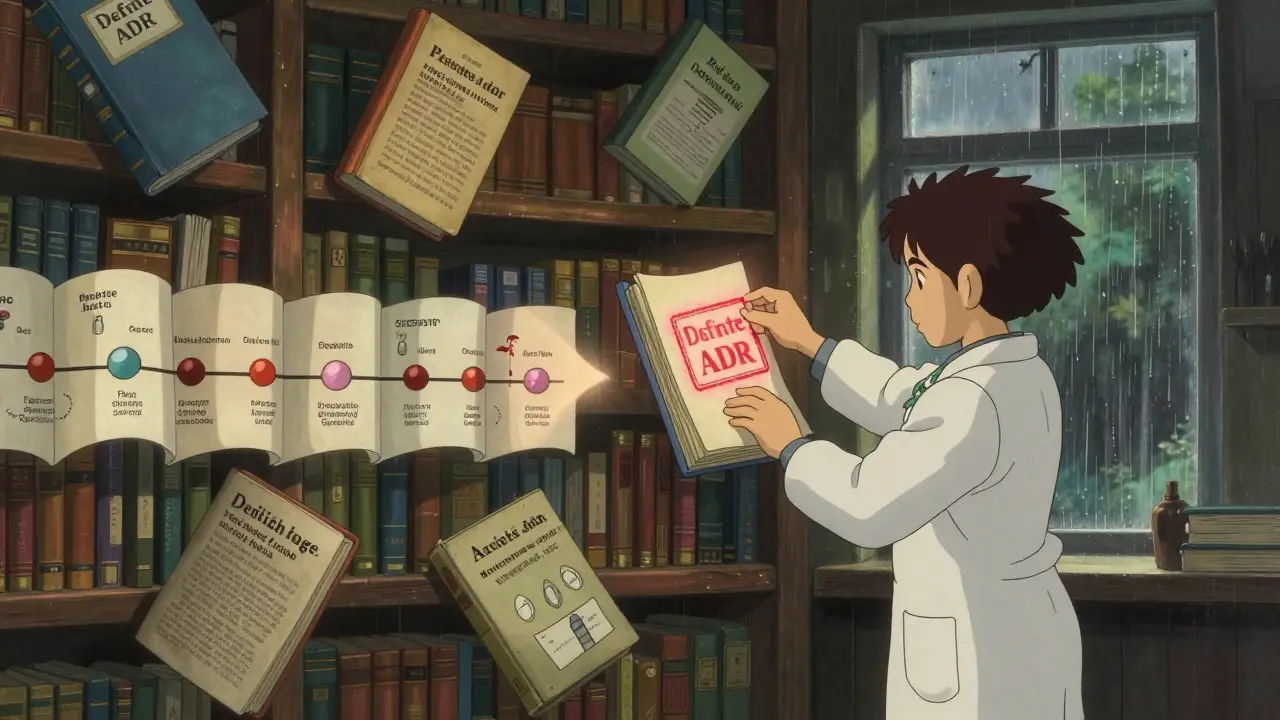Floating medical books with animated timelines, labeled by drugs, as a librarian stamps a definite adverse reaction.