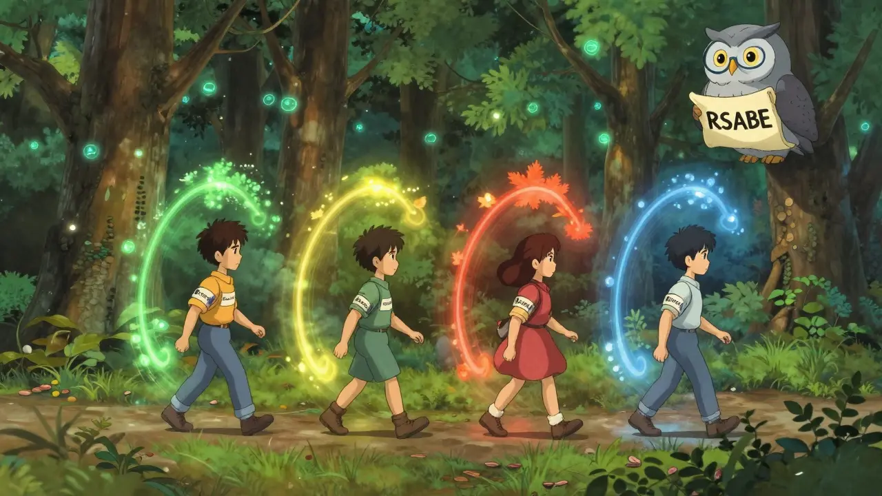 Four volunteers walking in a seasonal circle, releasing glowing drug curves under the watchful eye of an owl.