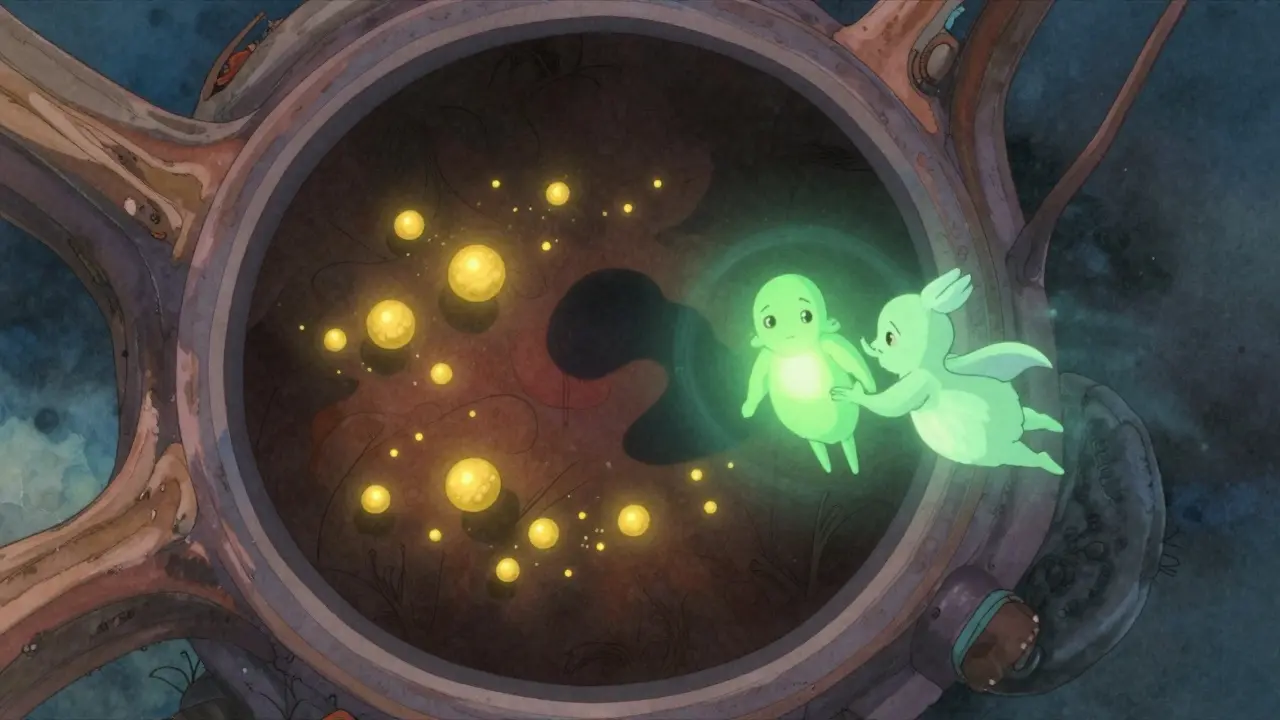 Magical retinal landscape with glowing drusen protected by lutein and zeaxanthin spirits.