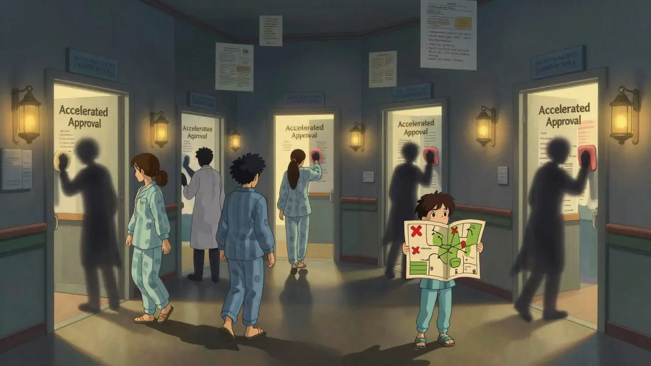 Patients walk toward glowing doors labeled 'Accelerated Approval' while shadowy figures erase treatments from the walls.