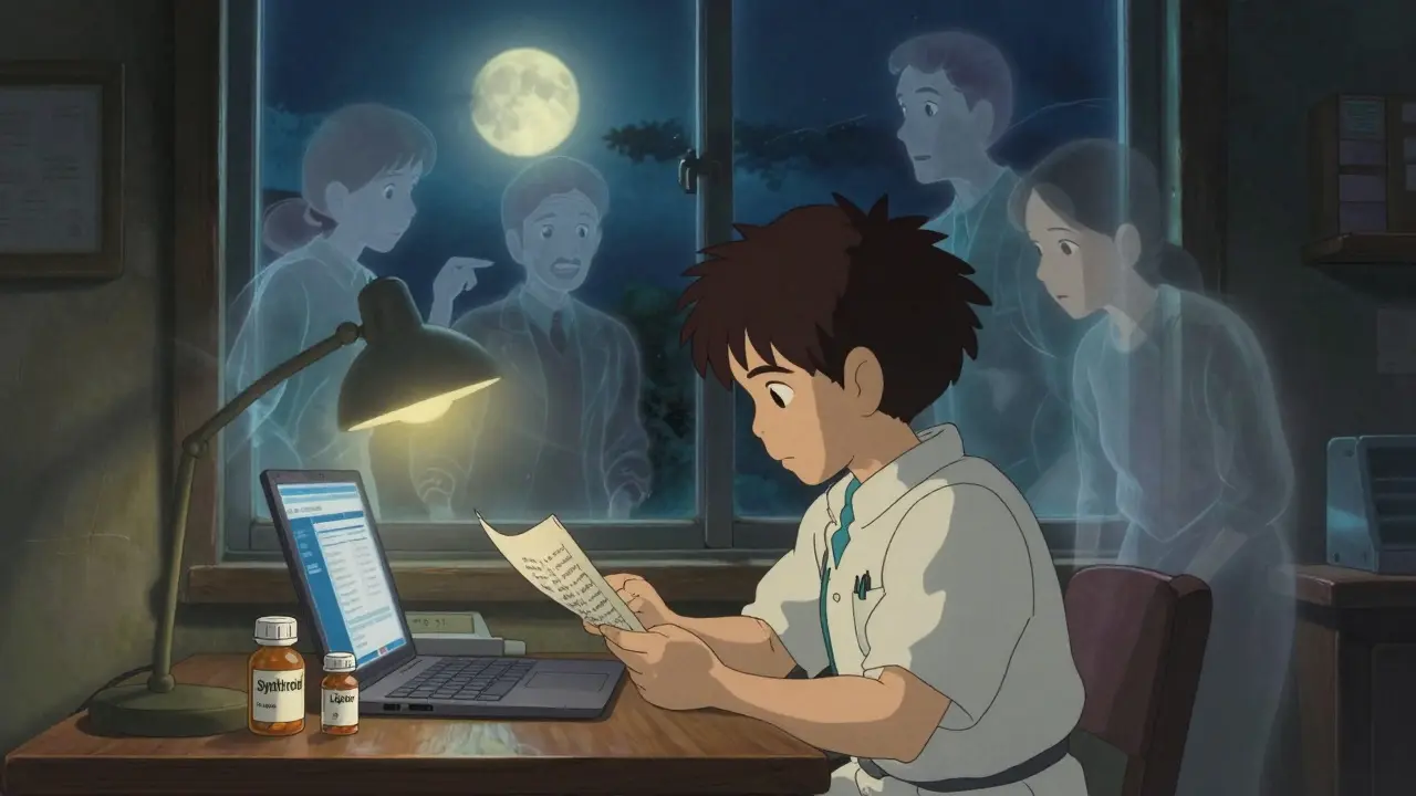 Person studying FDA Orange Book at night with pill bottles nearby, ethereal figures watching gently in soft moonlight.