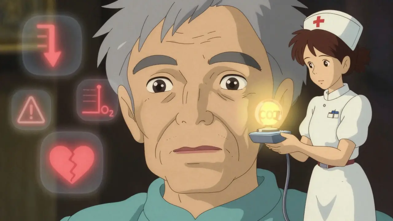 Senior's face with blue lips surrounded by floating warning icons and a nurse holding a capnography device emitting golden light.