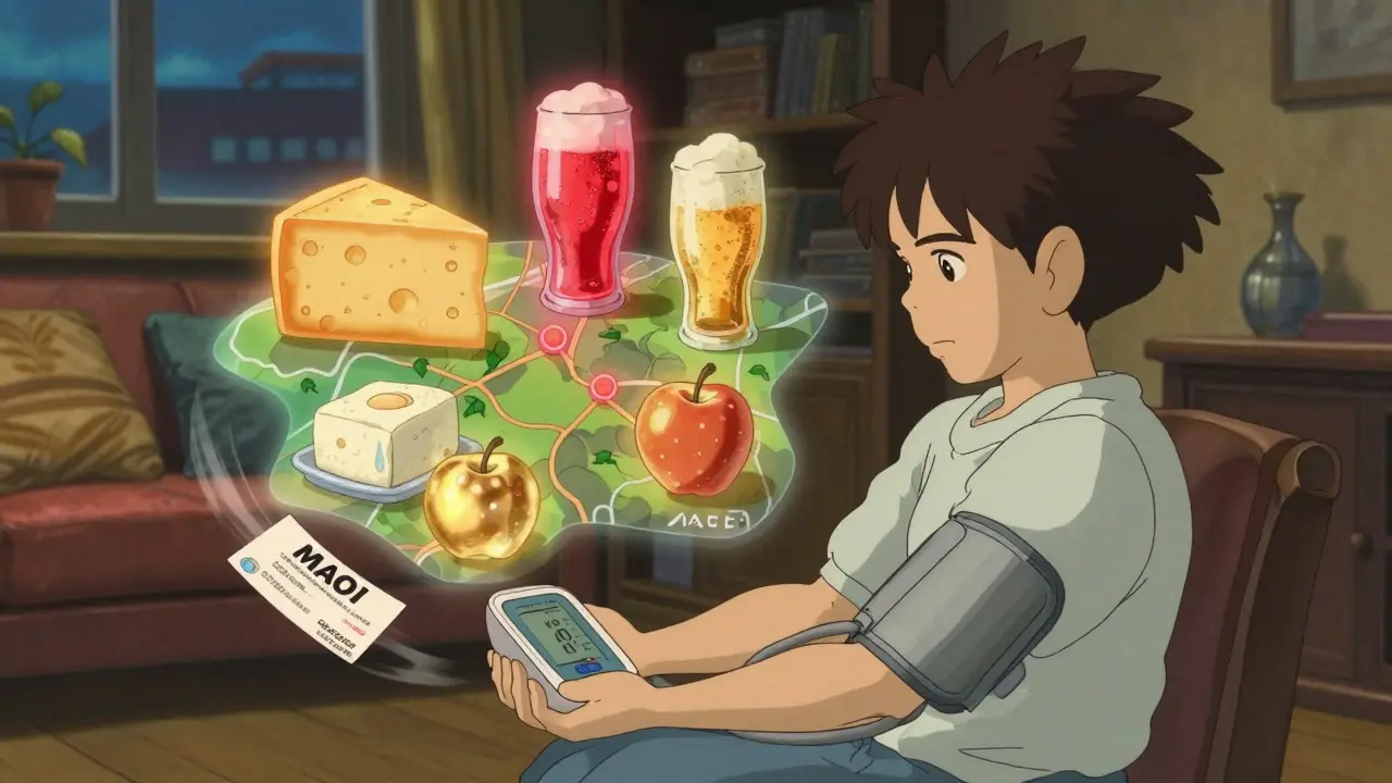 Someone checking blood pressure surrounded by floating images of safe and unsafe foods.