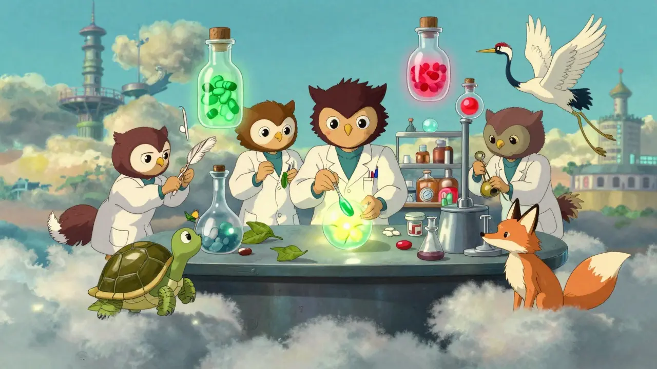 Whimsical owl pharmacists assembling a glowing combination pill among floating drug vials and spirit animals in a cloud-lab.