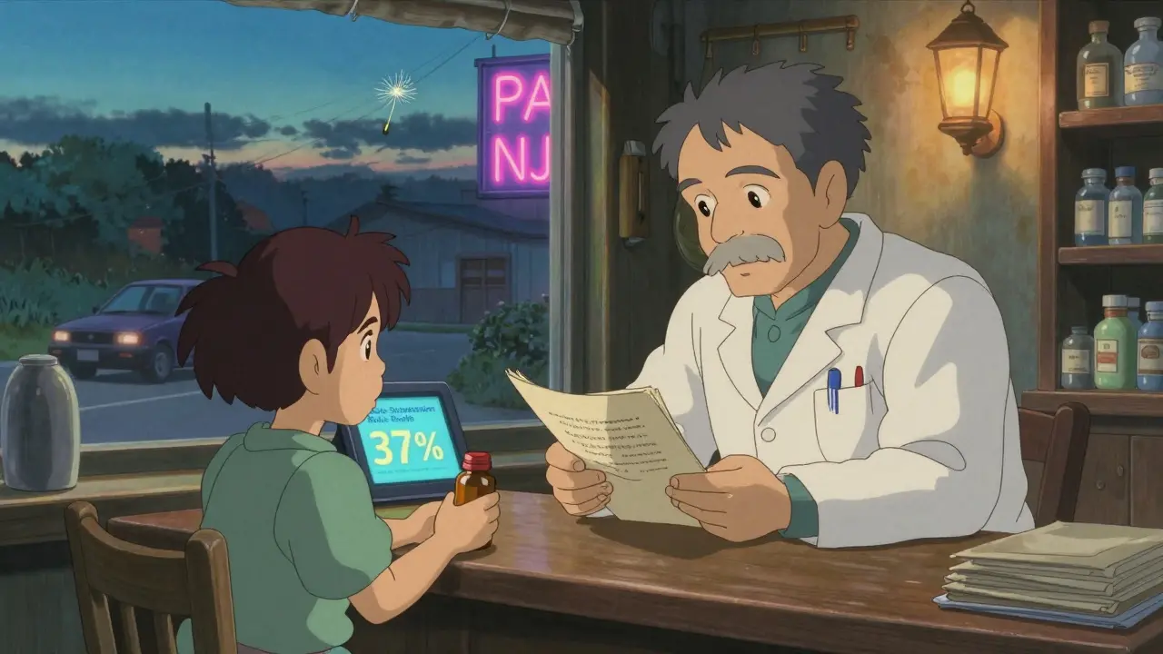 A confused patient and pharmacist in a rural pharmacy face a flickering state boundary sign, with a digital rules engine glowing on the counter.