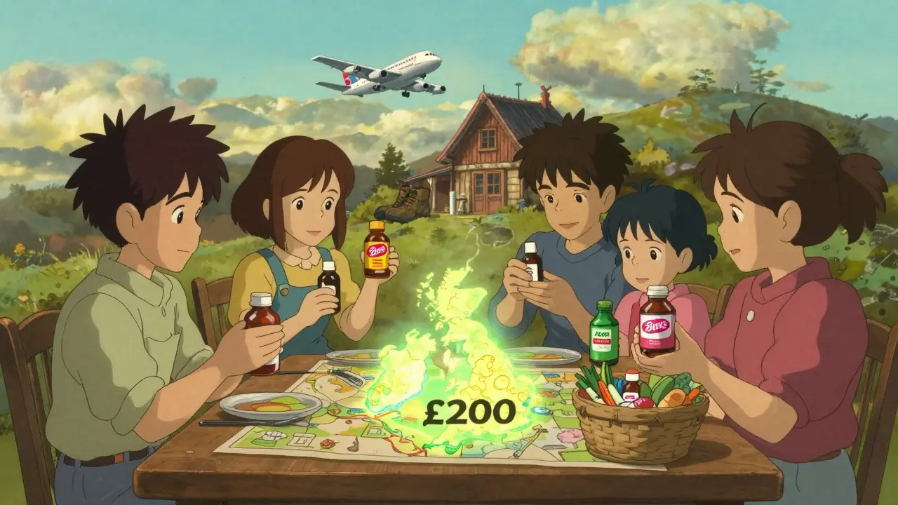 A family at a dining table with store-brand medicine bottles, a glowing map beneath them showing savings turning into a trip and groceries.