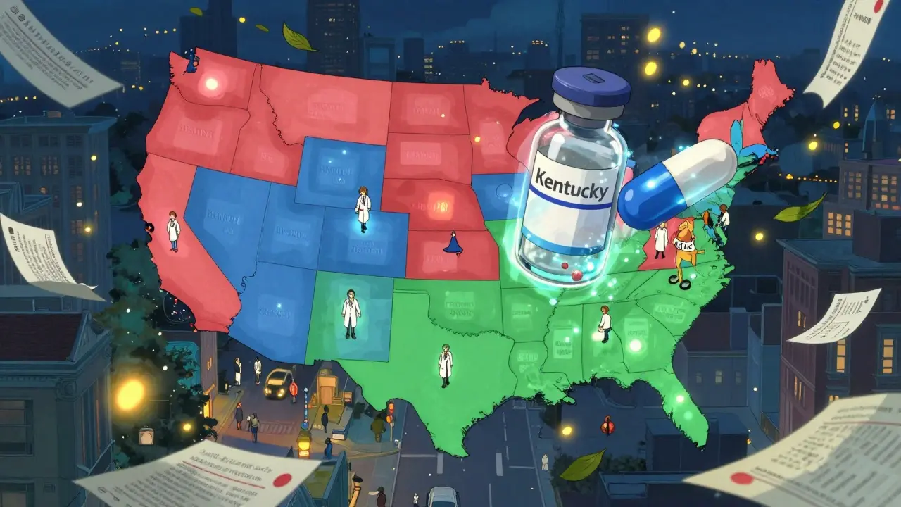A magical map of the U.S. shows state-by-state drug substitution rules with glowing regions and floating prescription labels.