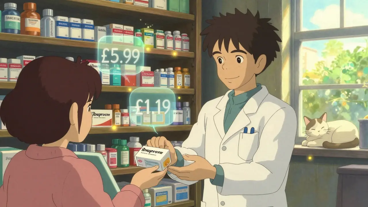 A pharmacist handing a store-brand medicine to a customer in a cozy pharmacy, with floating price tags like fireflies.