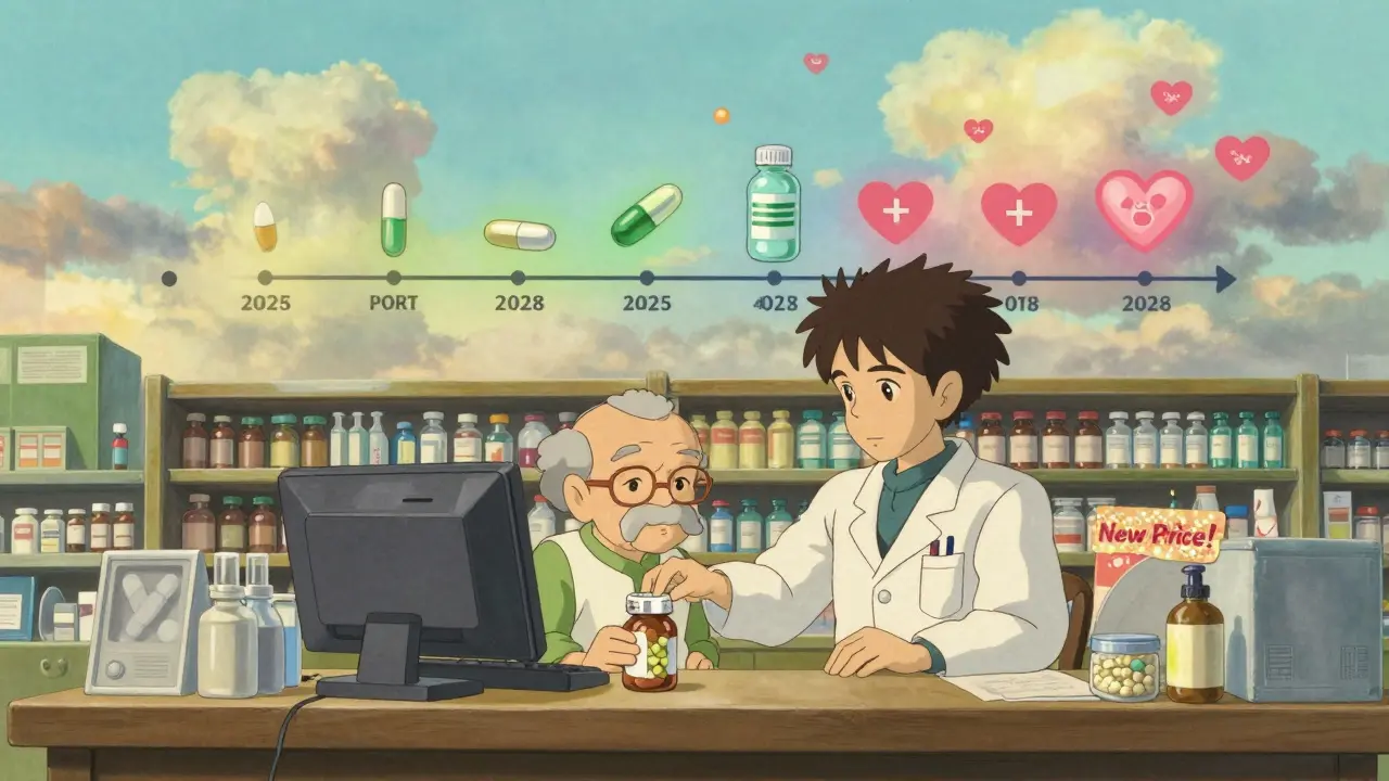 A pharmacist hands a senior a pill bottle with a sparkling 'New Price!' tag, as a mural shows expanding drug savings over time.