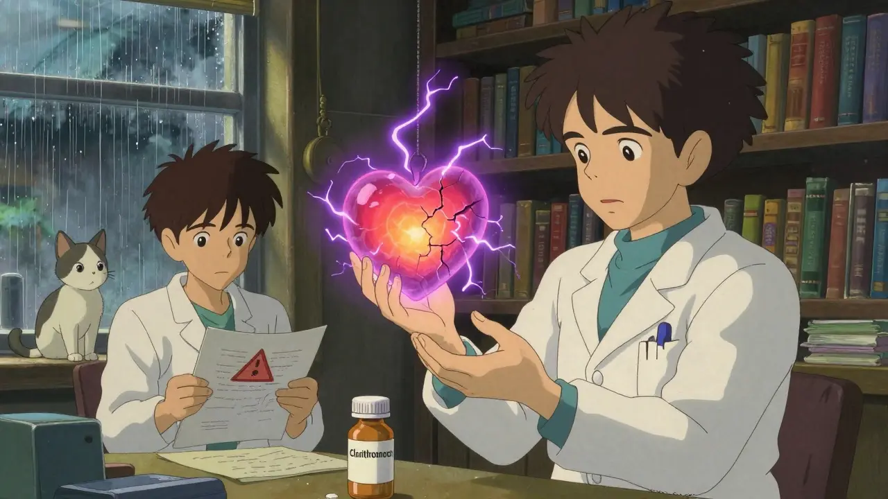 A pharmacist holding two prescription bottles with a flickering heart lantern between them, cracked with purple lightning, in a cozy clinic.