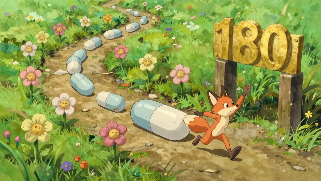 A pill rolling past 17 patent flowers toward a golden 180-day gate, followed by others waiting.