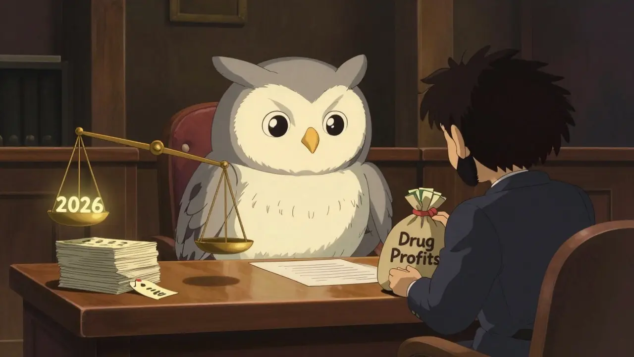 A wise owl negotiates with a shadowy corporate figure over lowered drug prices, with scales tipping toward savings.