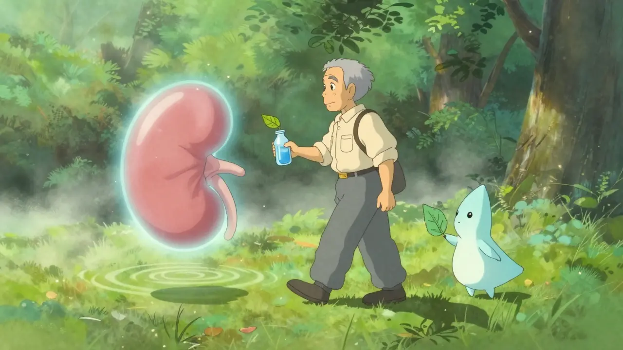 An elderly man walking in a park, his shadow revealing kidney shapes, guided by a water droplet spirit.