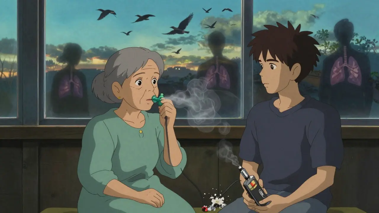 An elderly woman using a spirometer beside a young person holding a crumbling vape device.