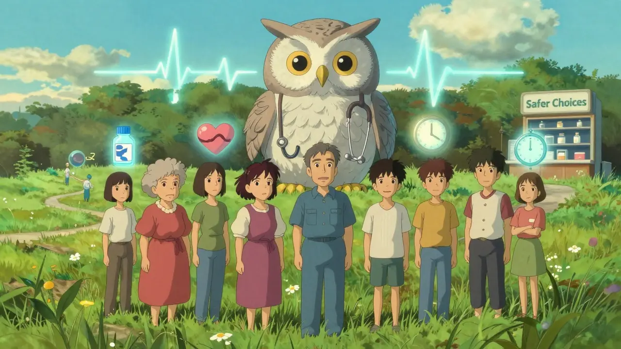 Diverse patients in a sunlit meadow surrounded by floating risk symbols, watched over by a giant owl made of stethoscopes and ECG waves.