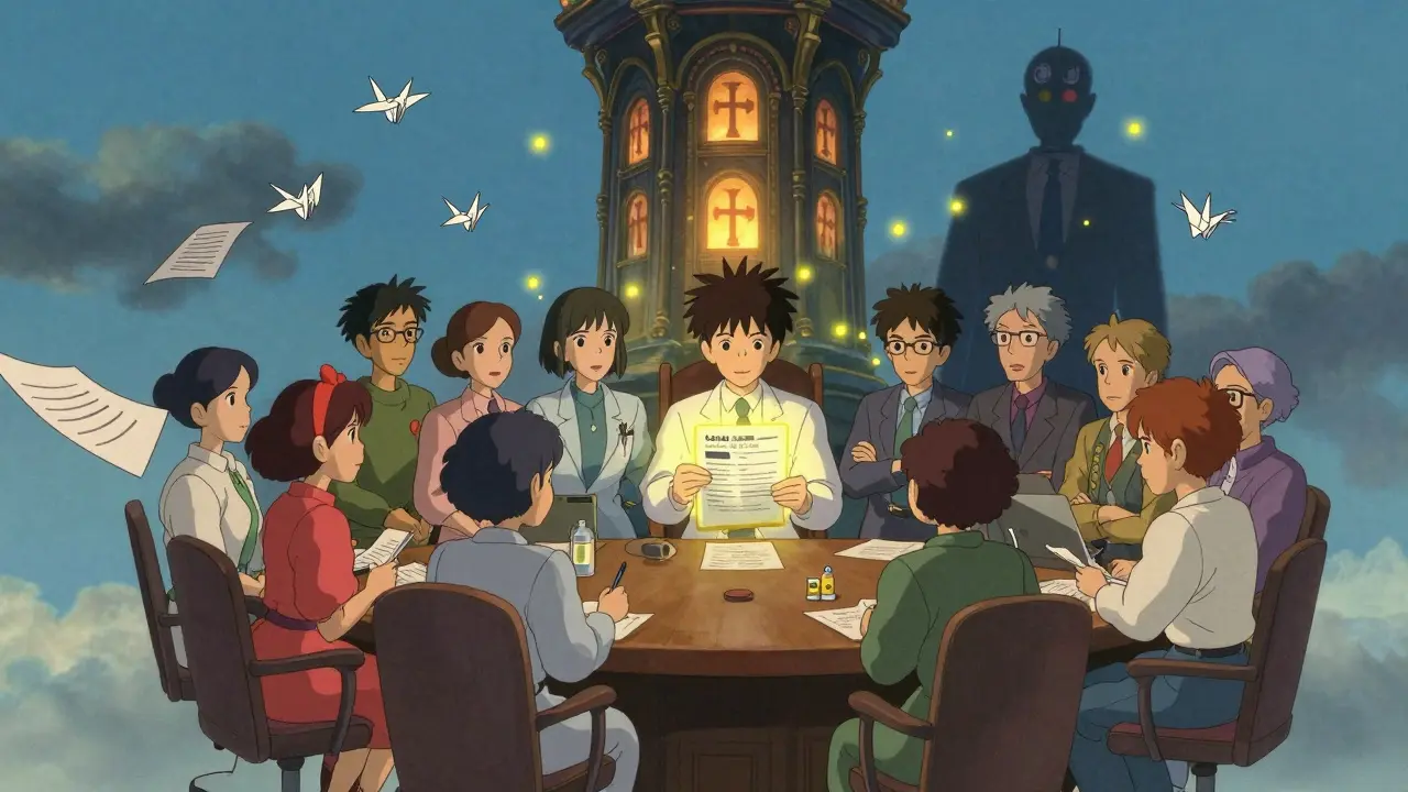 Generic drug developers in a sky courtroom surrounded by swirling legal documents like paper cranes.