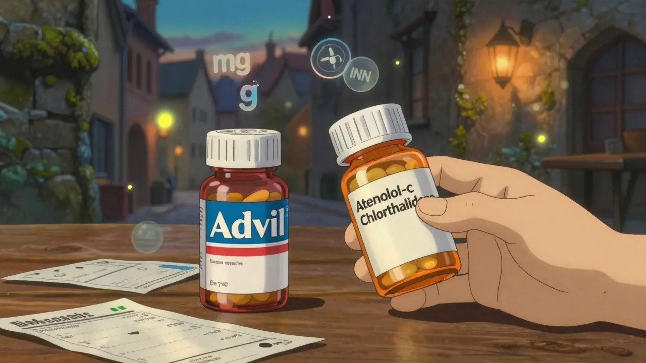 Hand comparing two pill bottles with floating medical symbols, warm wooden table, soft focus city backdrop.