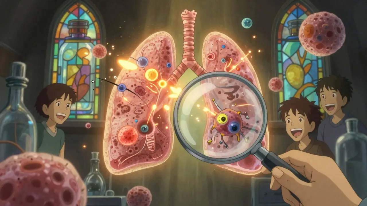 Microscopic lung cells under a magnifying glass, with toxic particles drifting into alveoli.