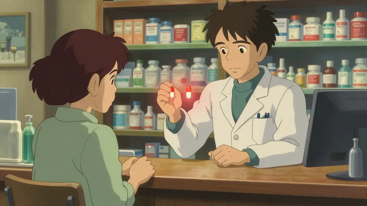 Pharmacist and patient examining high-risk medication interaction.