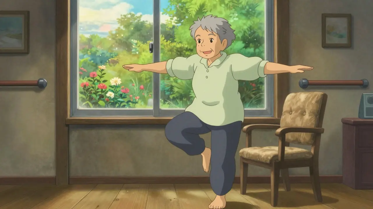 Senior practicing balance exercises in sunlit living room.