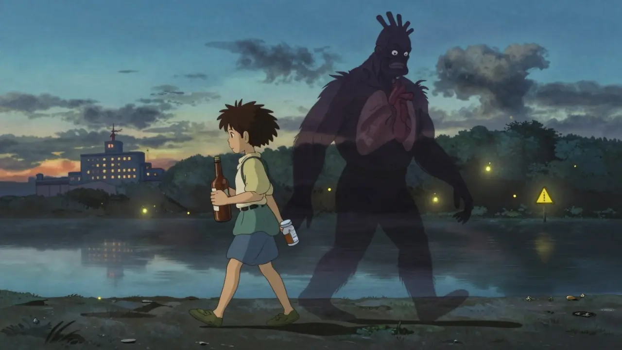 Two figures walk together as their merged shadow becomes a creature with a racing heart and collapsing lungs.