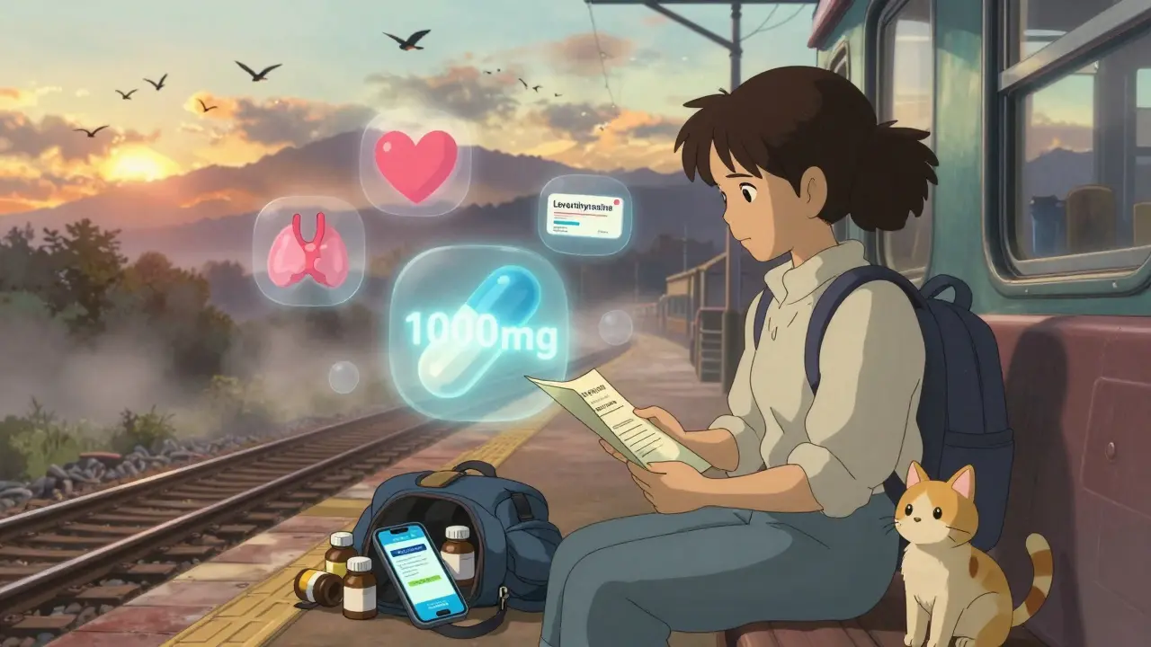 Woman on train platform with certified translation and medication bottles, glowing icons floating around her at sunrise.