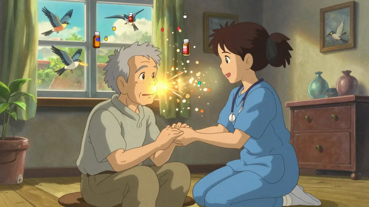 A caregiver holding an elderly man's hand as medication bottles dissolve into petals, restoring clarity and color to his face.
