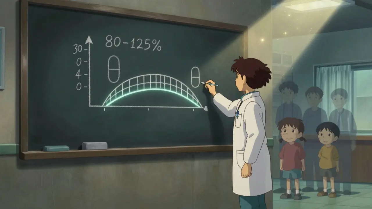 A clinician draws a bridge between pill shapes on a chalkboard as skeptical figures fade into happy patients.