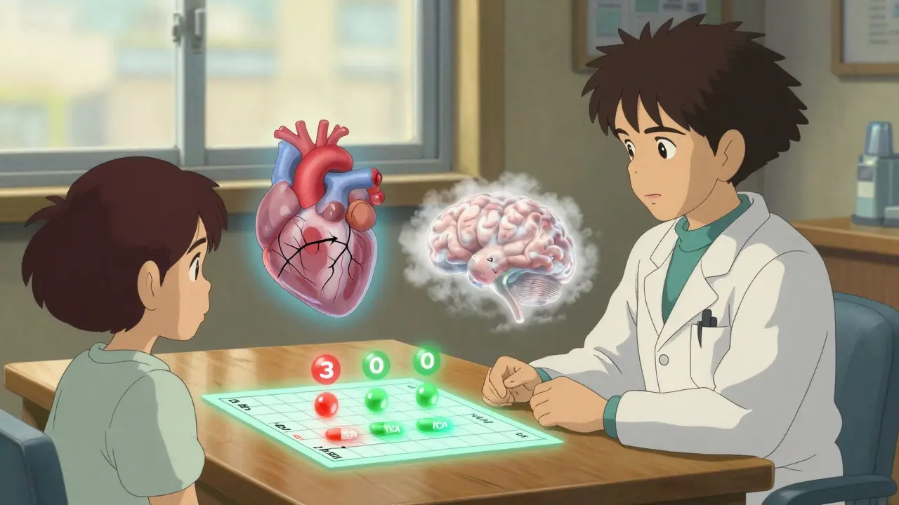 A doctor and patient at a table with glowing ACB scale orbs showing high-risk TCA versus safe SNRI alternatives.