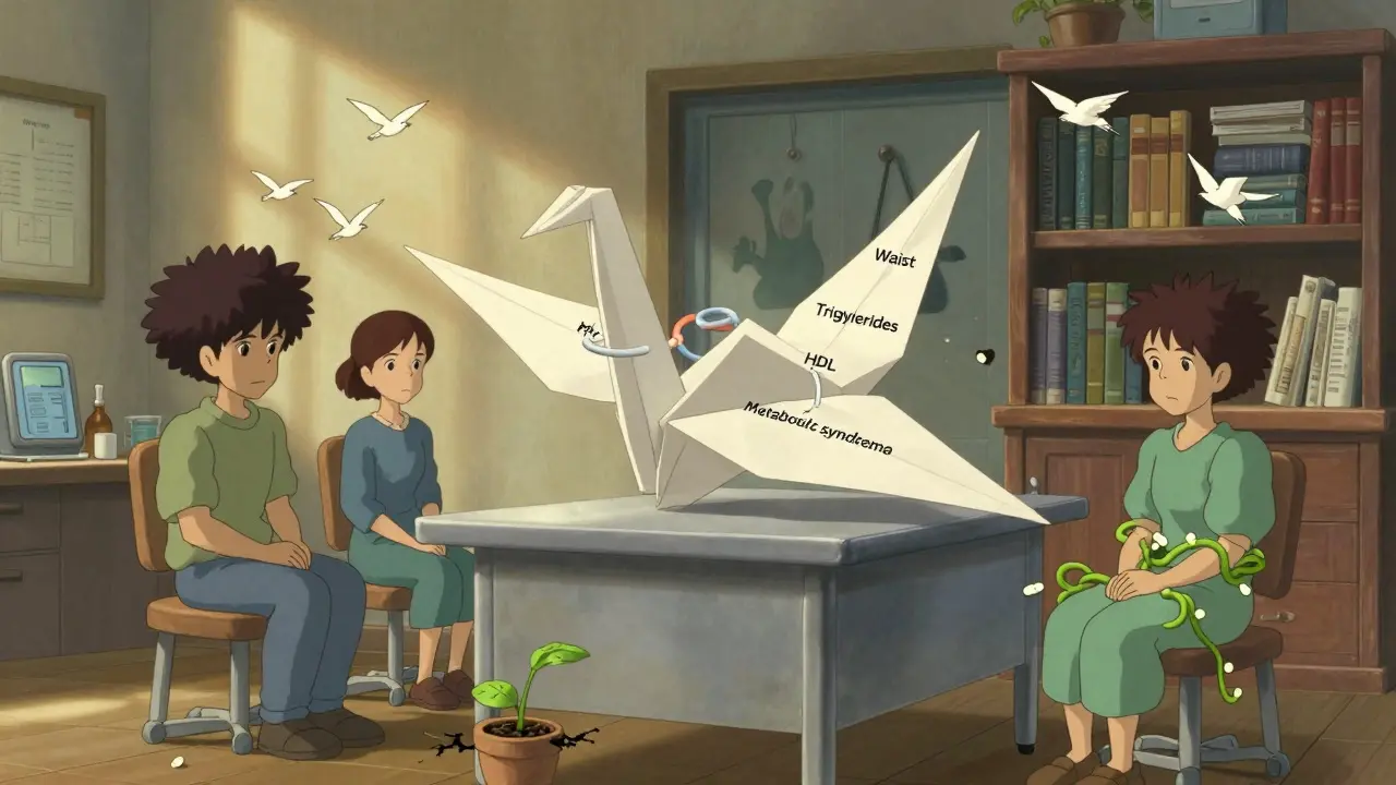 A paper crane chart hovers above a clinic table, showing metabolic syndrome rings with patients in different health states.
