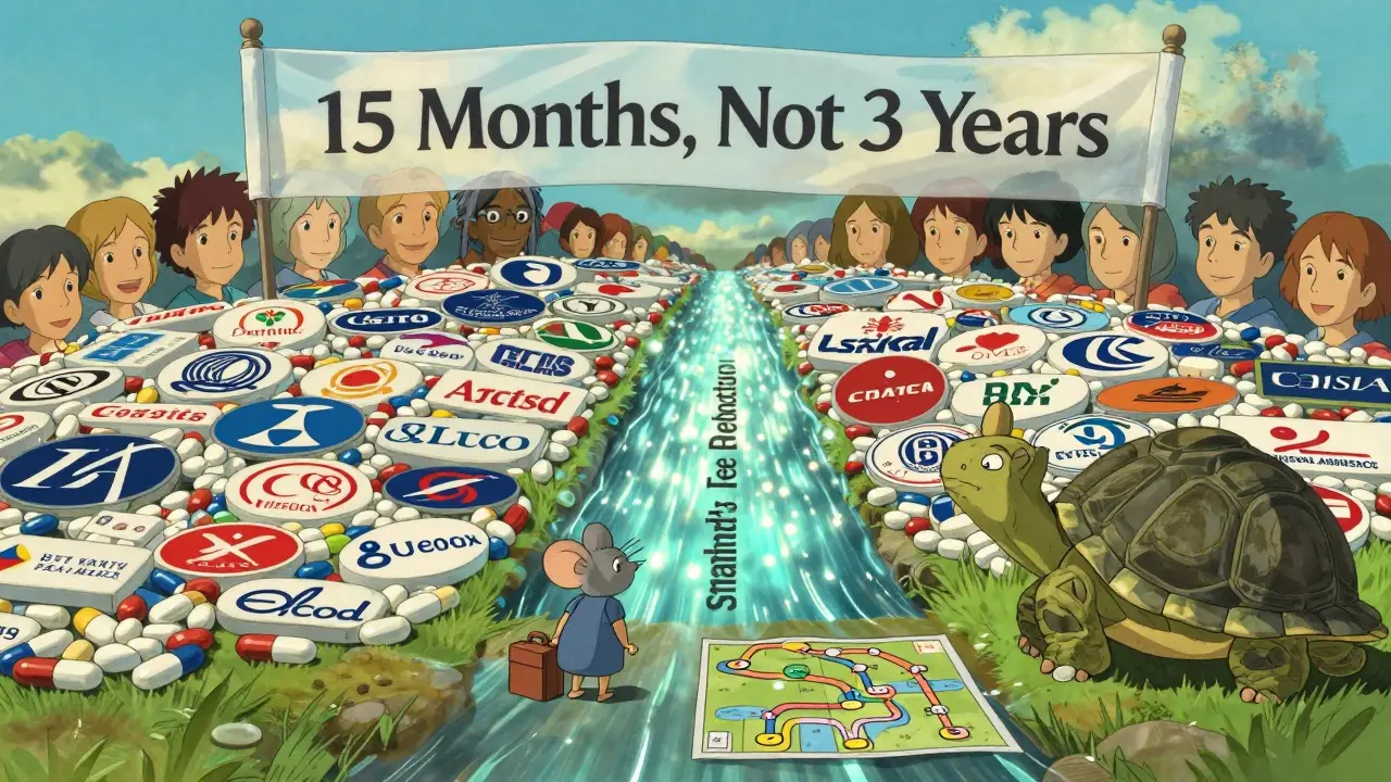 A small mouse hesitates at a river of pills, facing a path labeled 'Fee Reduction,' as a wise tortoise offers guidance under a banner of faster approvals.