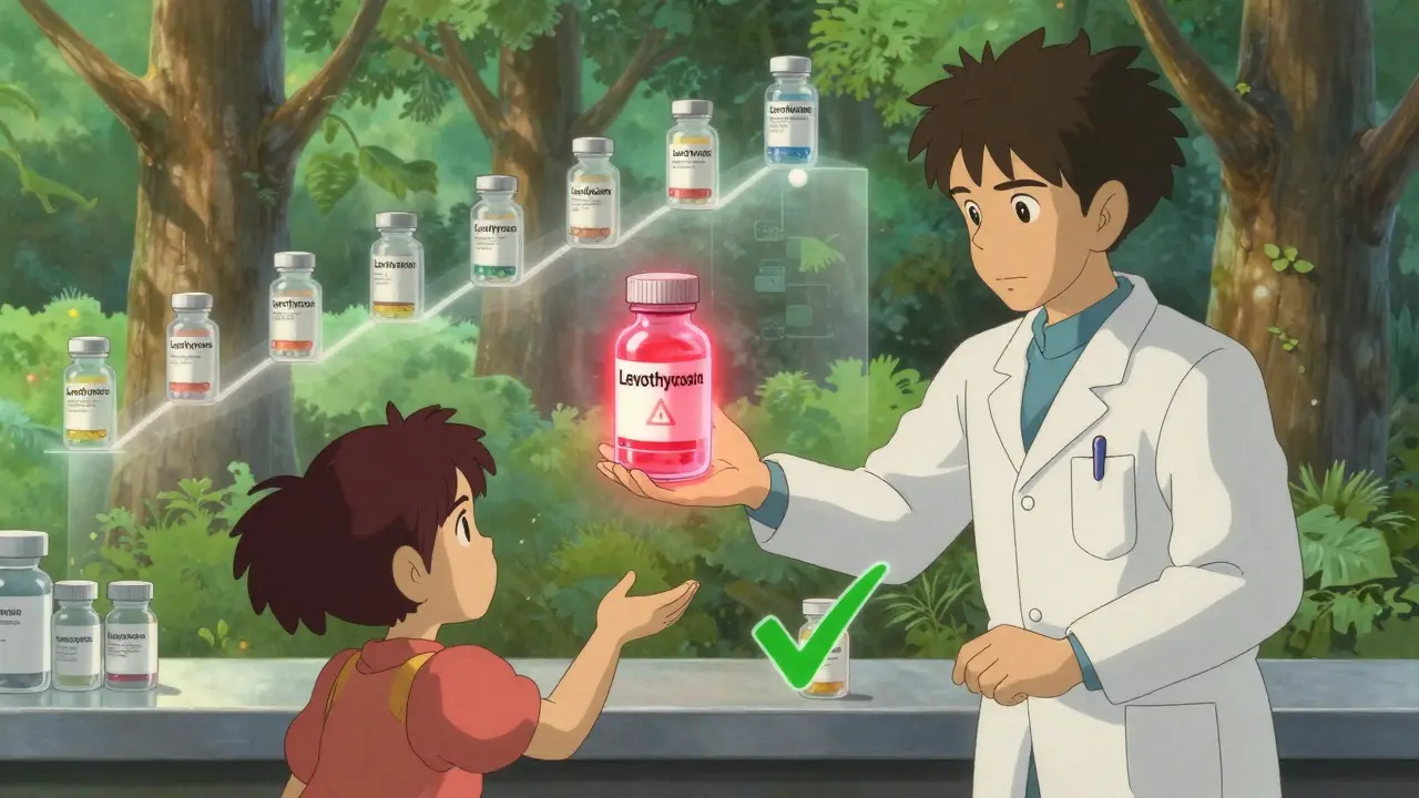 A technician stops a glowing red vial from being given to a child, as a green correct dose hovers nearby in a serene pharmacy setting.