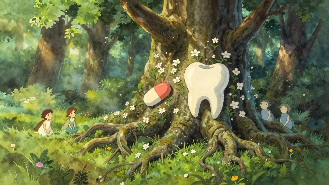 A tree’s roots shaped like a jawbone with flowers blooming from it, one petal shaped like a pill, in a peaceful forest at dawn.