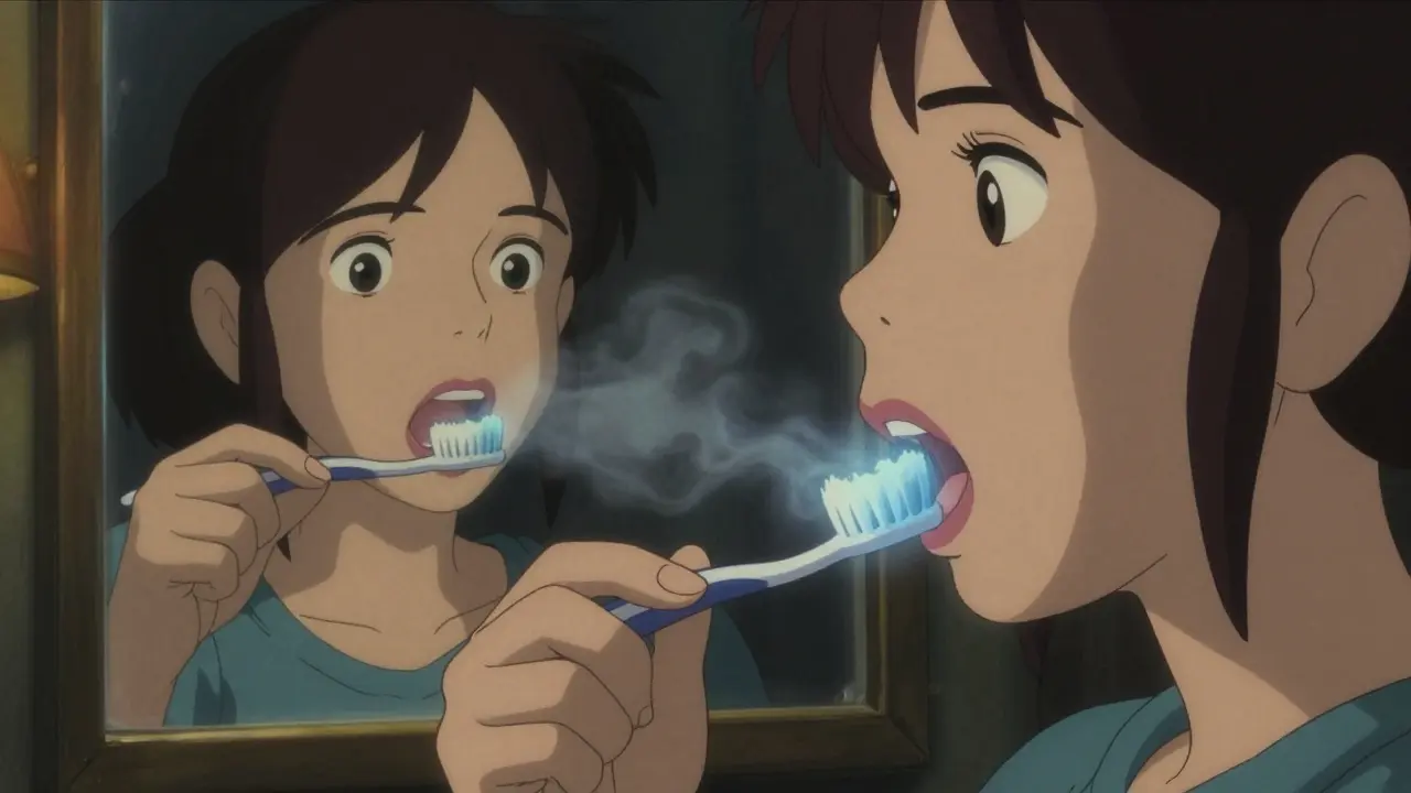 A woman’s open mouth with a faint glowing mist rising from her gums, symbolizing medication-related bone damage in a quiet bedroom.