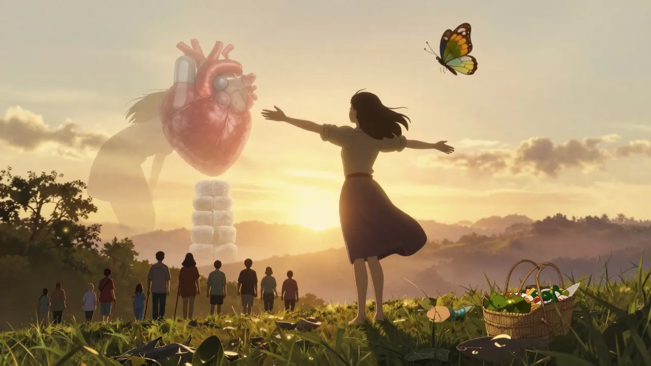 A woman stands on a hill at sunset, leaving behind a heavy shadow version of herself as others walk healthily ahead.