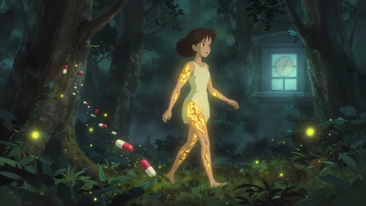 A woman walks through a forest with golden cracks on her limbs, representing tendon damage from antibiotics.